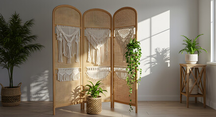 Bohemian Interior Design With Rattan Divider Macrame And Indoor Plants