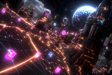 Fototapeta premium A futuristic space city connected by a glowing digital network