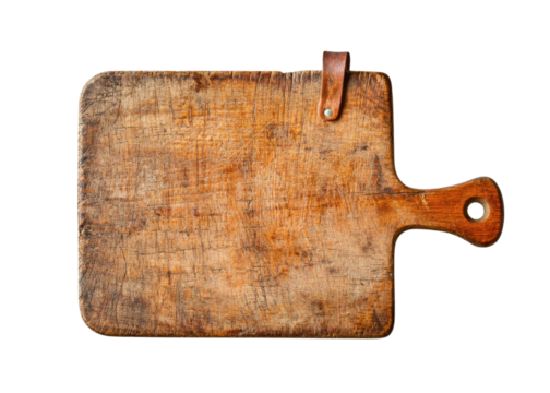 Rustic wooden cutting board with handle and leather strap, isolated on white. Kitchenware, food preparation concept. - Powered by Adobe