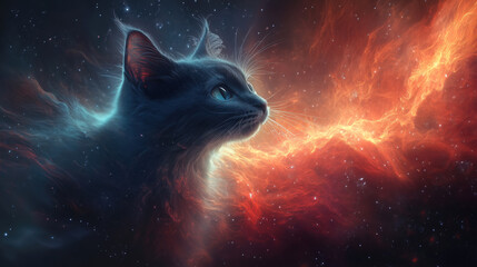 Quantum schrodinger cat explores cosmic space artistic digital illustration