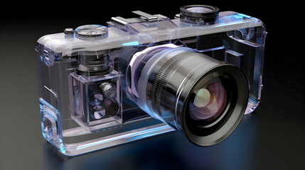 A transparent camera reveals its intricate inner workings, a captivating glimpse into the mechanics of photography with cool blue highlights and a dark background.