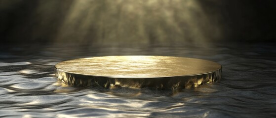 Elegant golden podium illuminated by soft light on rippled water surface, showcasing luxury product presentation with a serene and sophisticated atmosphere