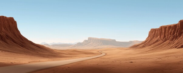 A vast, arid landscape featuring towering rock formations and a winding road beneath a clear blue sky.