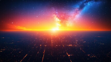 Aerial view of city at sunrise with vibrant colors and starry sky.  Possible use for inspirational, fantasy, or science fiction themes