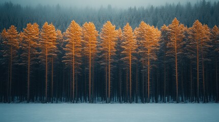 Golden winter forest line on frozen lake