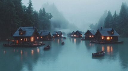 Obraz premium Harmony with Nature: Floating Village in Ethereal Morning Mist - Cinematic 4K