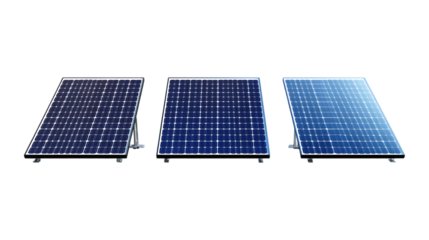 Three modern photovoltaic solar panels in varying shades of blue stand ready for energy generation isolated against a clean white backdrop.