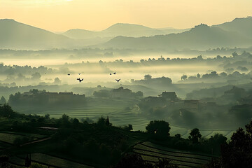 Birds flying over a misty landscape with rolling hills and buildings