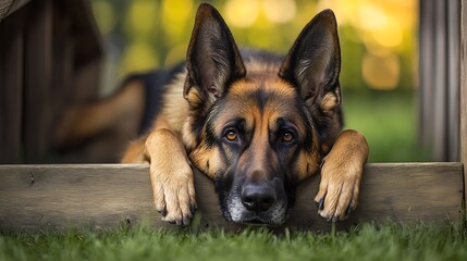 A thoughtful German Shepherd rests its head on a wooden structure. The image, now uploaded to Adobe Stock, features a shallow depth of field.

