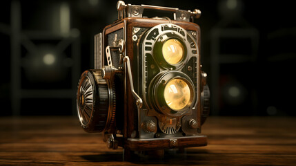 A vintage twin-lens reflex camera glows with warm light, a nostalgic relic whispering tales of bygone eras in a dimly lit studio setting.