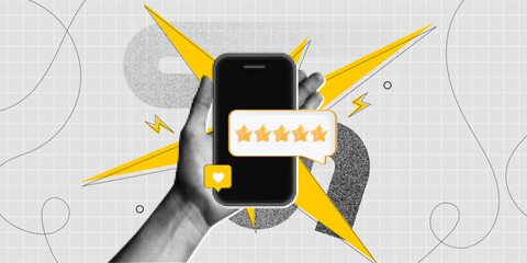 Trendy Halftone Collage Woman Hand holds Phone giving gold five star rating feedback. Best score point to review service. Five star for quality customer rating. Contemporary vector art illustration