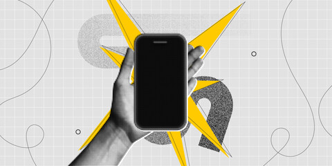 Trendy Halftone Collage Hand holds Mobile Phone with empty screen for promotion news and announce. Social media poster. App cover mockup. Smartphone blank display. Contemporary vector illustration art