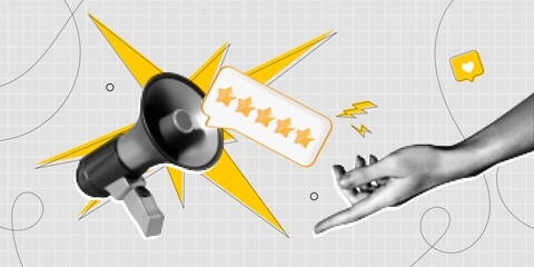 Trendy Halftone Collage Female Hand pointing at megaphone with gold five star rating feedback. Customer review service. Dots loudspeaker element. Contemporary vector illustration art