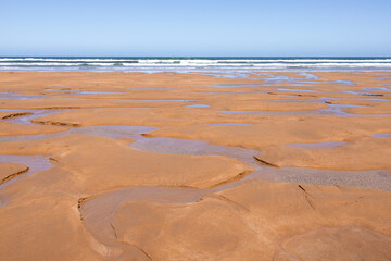 Vast sandy beach with puddles and ocean waves under clear blue sky