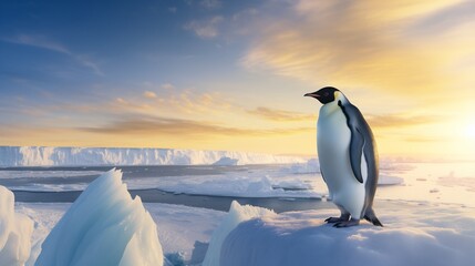 Obraz premium A emperor penguin standing on a vast icy landscape, the golden glow of the setting sun reflecting off the frozen surface
