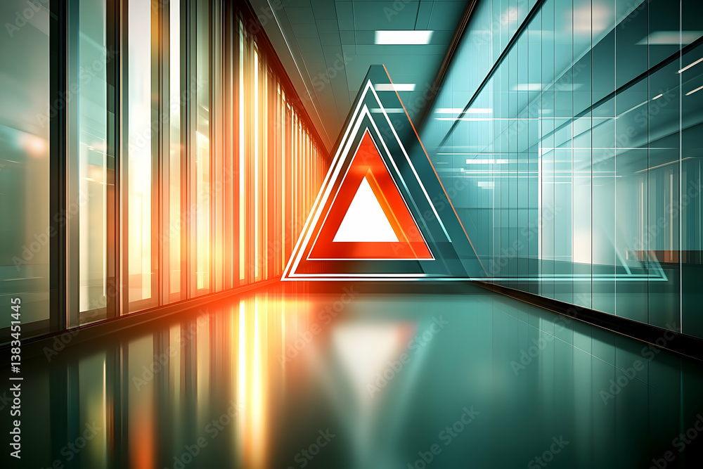 Poster an abstract futuristic hallway with illuminated geometric red triangle