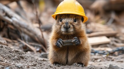 Cute Prairie Dog in Hard Hat at Construction Site