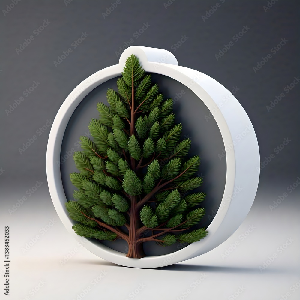 Fototapete a minimalist 3d rendering of a stylized fir tree nestled within a circular white frame against a gra