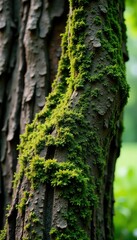 Obraz premium The tree's bark is weathered and rough, with moss and lichen growing on its surface, earthy, green, texture