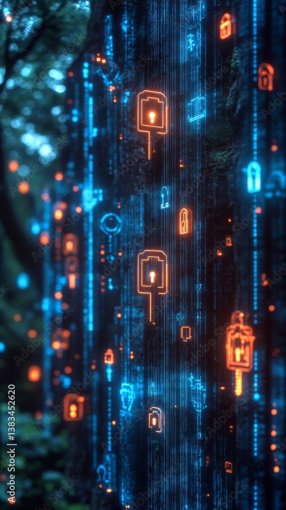 Poster exploring futuristic locks and keys on a vibrant technology backdrop in a cyber world