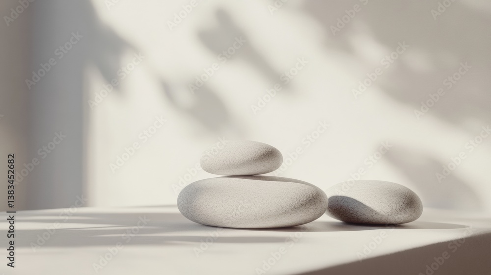Poster minimalist arrangement of smooth river stones on a white surface capturing soft lighting and a neutr