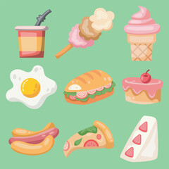 cute eating vector set. kawaii and delicious food icons
