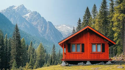 Red mountain chalet in alpine valley, scenic view