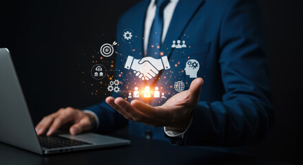  Business Deal Handshake: Collaboration, Success, & Partnership - Digital Icons & Strategy on Laptop for Growth