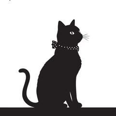 Black and white cartoon cat sitting on a white background in vector style