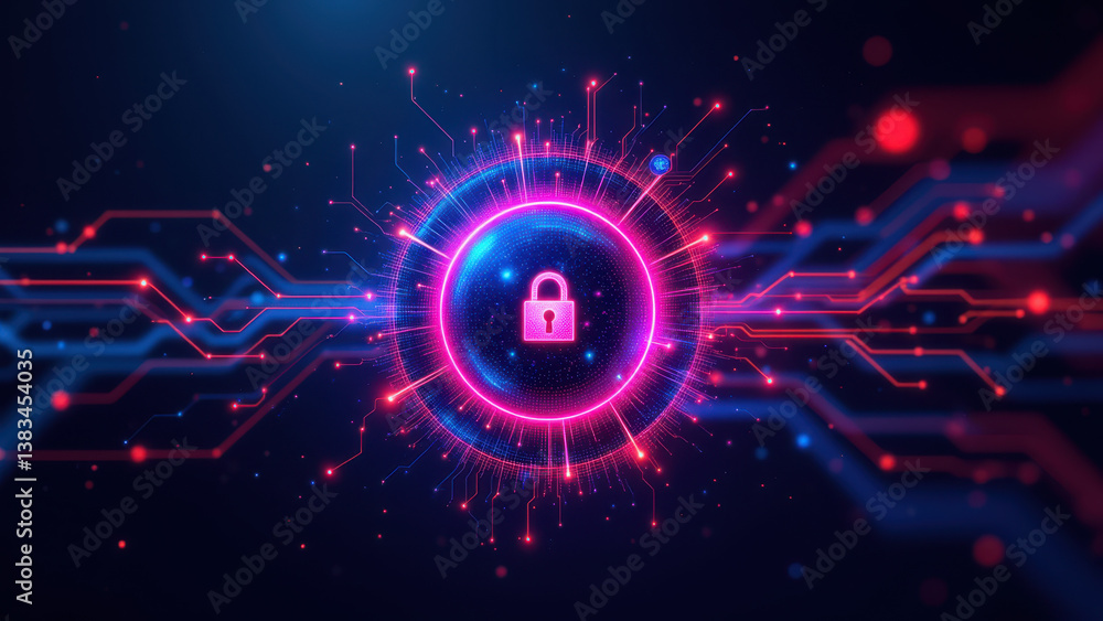 Poster cybersecurity digital art with glowing circuit design and a central lock symbolizing secure online p