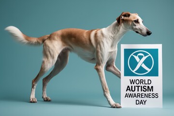 A graceful dog walking next to a sign promoting World Autism Awareness Day against a teal background