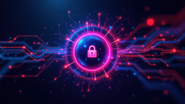 Cybersecurity digital art with glowing circuit design and a central lock symbolizing secure online protection.