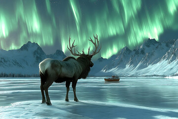 A large elk stands beneath the vibrant aurora borealis display