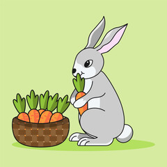 Cute Cartoon Rabbit near Basket with Carrot Bunny Animal Food