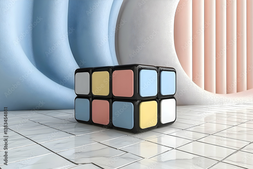 Poster a brightly colored puzzle cube displayed on a tiled surface