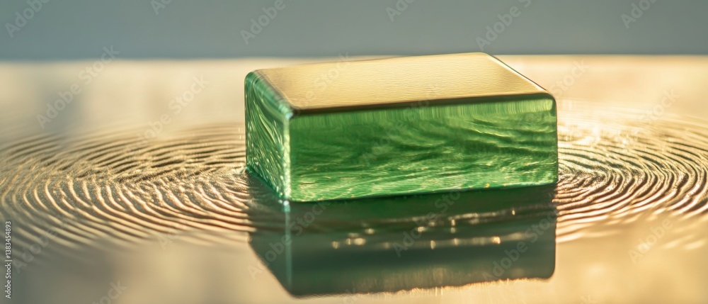 Poster abstract green glass cube reflecting concentric ripples on a golden surface, creating a mesmerizing 