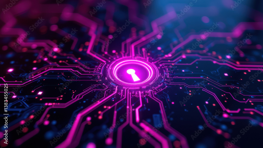 Poster a futuristic cybernetic network with a central lock symbolizing digital security.