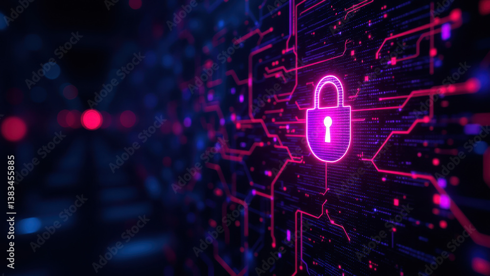 Poster secure digital data with a glowing lock symbol.