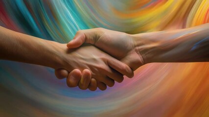 An intimate view of two hands engaging in a handshake reveals the intensity of the moment with a blurred backdrop of swirling colors that enhances the emotional weight of international