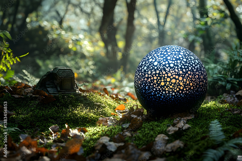 Poster a glowing sphere and a small object in a lush forest scene