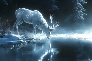 A glowing deer is drinking from a quiet reflective body of water