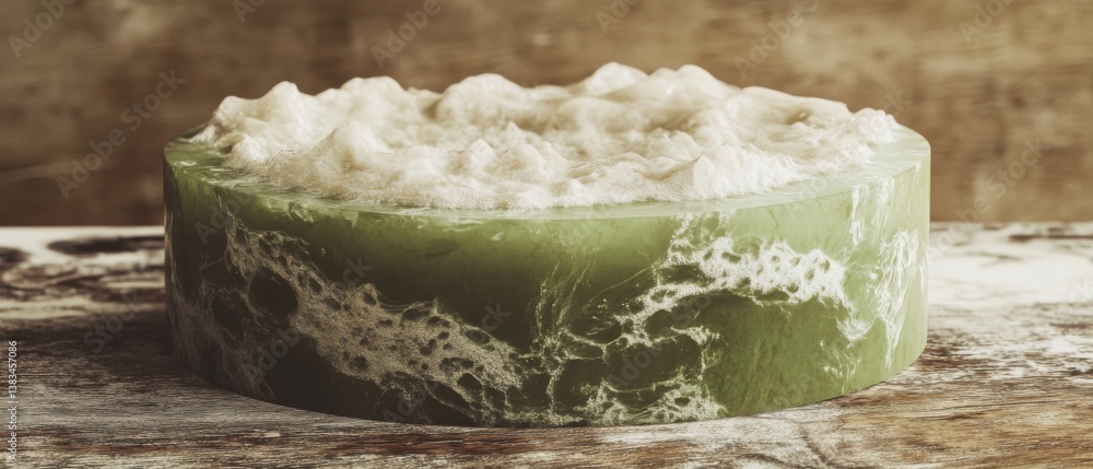 Poster abstract green onyx stone with white foam on wooden surface, showcasing unique texture and pattern c