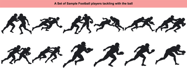 Naklejka premium Features dynamic football players silhouettes. It captures moments of intense action, including running, tackling, and ball carrying on a white backdrop.