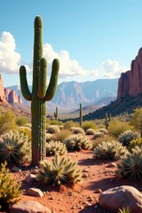 Desert landscape with cactus and rock formations, cactus, barren