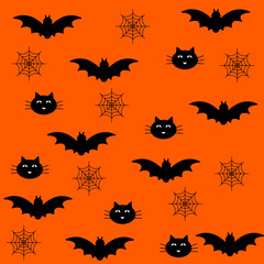 Halloween seamless pattern design with coffin, web, ghost, bat, pumpkin,  and black cat. Design for fabric, wrapping, textile, wallpaper, apparel, pajamas, card, stationary.