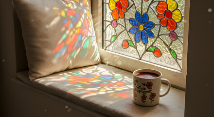Cozy Window Seat With Stained Glass, Cocoa, And Morning Light Reflections