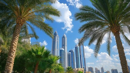 Dubai skyline view through palm trees, vibrant cityscape reflecting blue skies and reflecting the luxury and modern architecture of the United Arab Emirates.