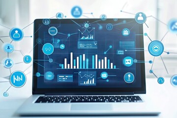 Modern laptop displaying data analysis interface.  A virtual network of charts, graphs, and icons connected to the laptop screen