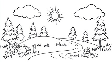 Simple black and white landscape drawing with trees, hills, clouds, and sun.  Suitable for children's coloring book or educational materials