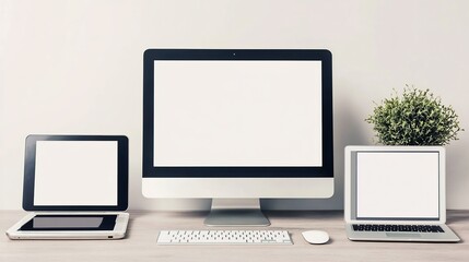 Fototapeta premium Modern workspace featuring a desktop computer, laptop, and tablet display